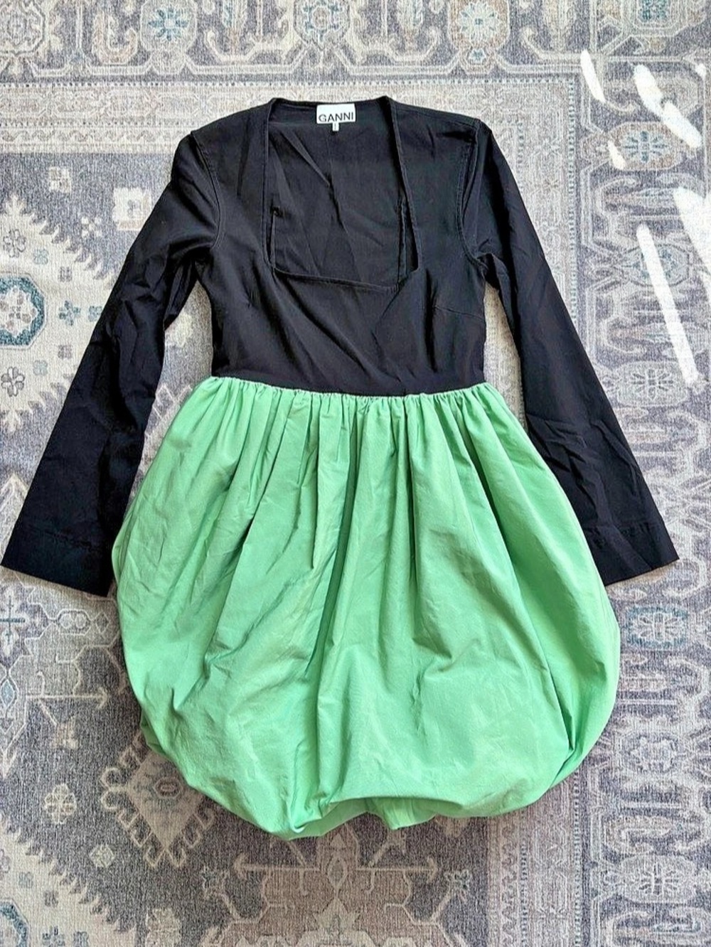 GANNI Color Block Mini Dress in Green & Black